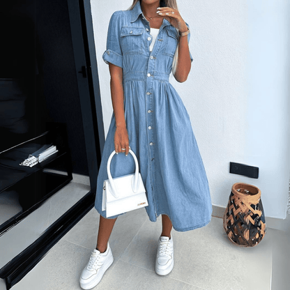 Casual Denim Short Sleeve Midi Dress
