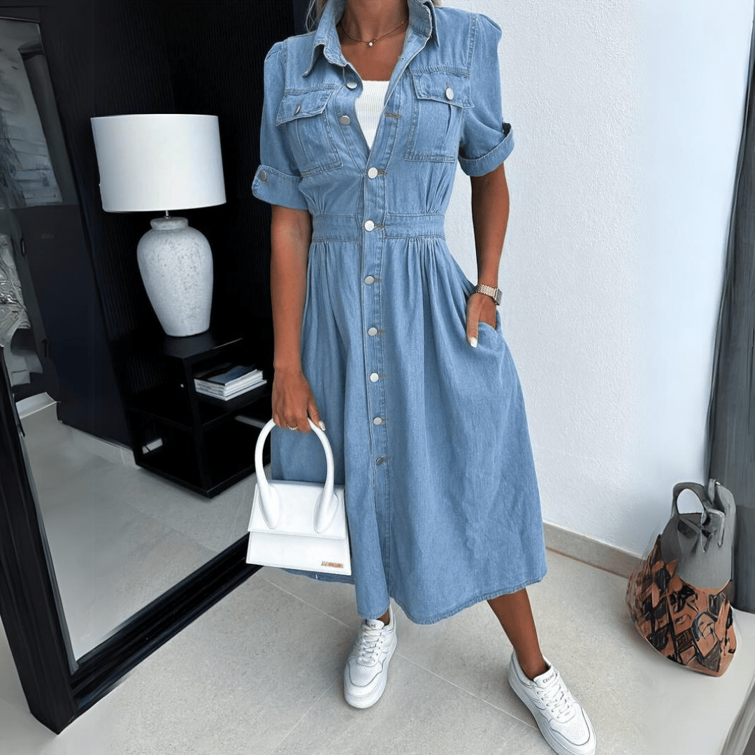 Casual Denim Short Sleeve Midi Dress - EasyApparels