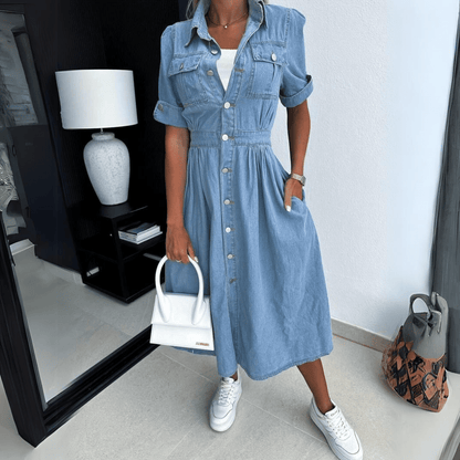 Casual Denim Short Sleeve Midi Dress - EasyApparels