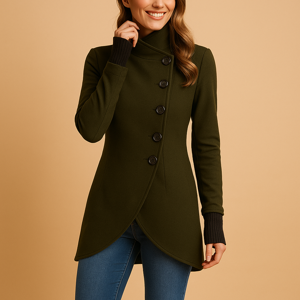 Oversized coat for women with asymmetric front and large buttons, featuring a soft cotton finish for stylish and warm winter wear.