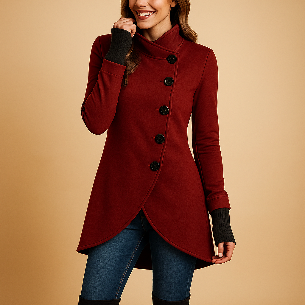 Oversized coat for women with asymmetric front and large buttons, featuring a soft cotton finish for stylish and warm winter wear.