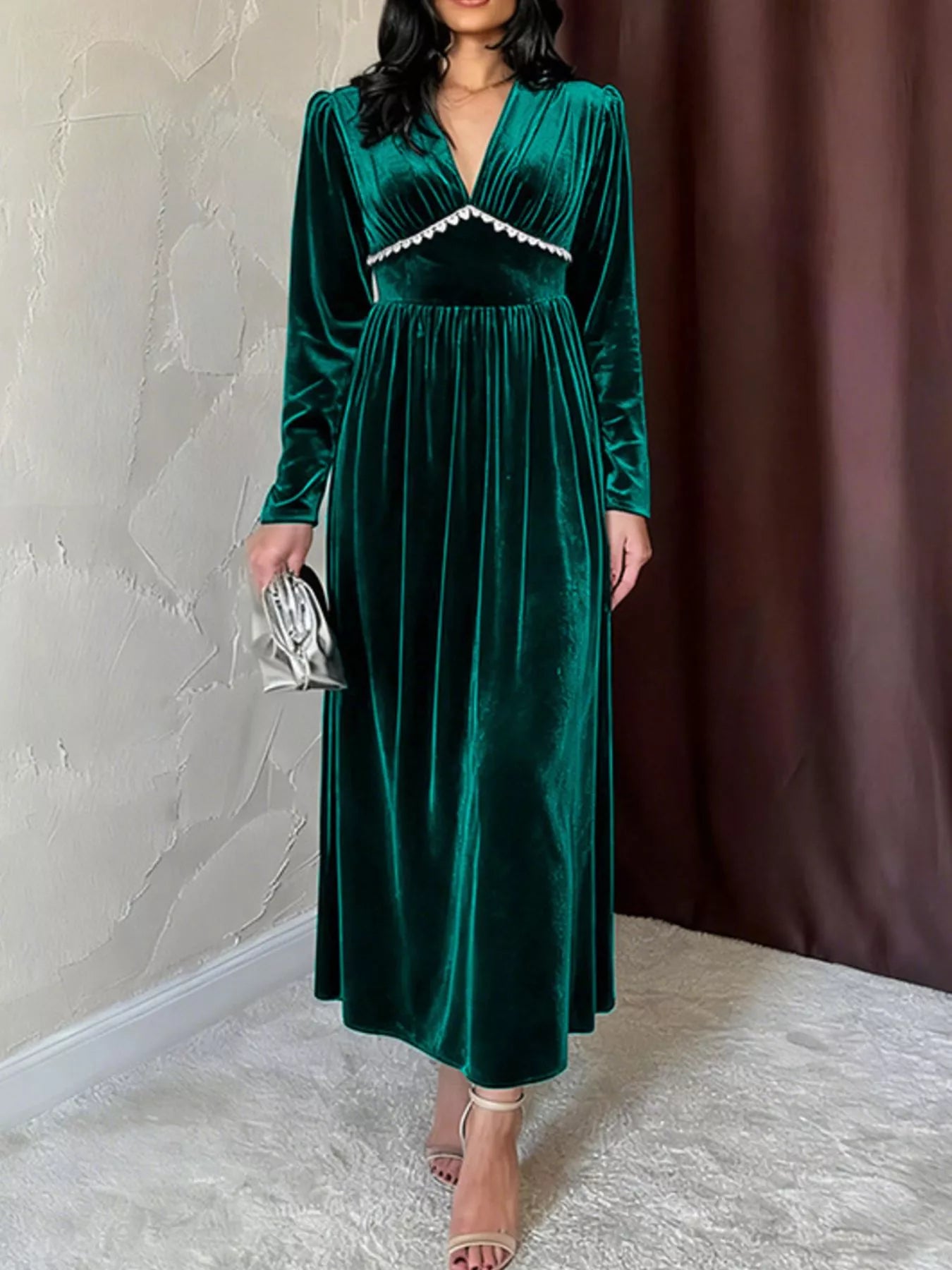 Soft V Neck Floor Length Evening Dress - EasyApparels