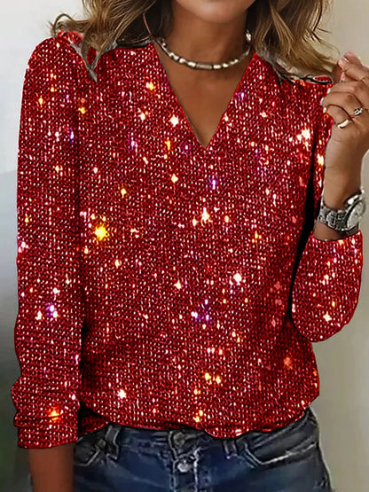 Sparkly Knit V-Neck Long Sleeve Top - EasyApparels