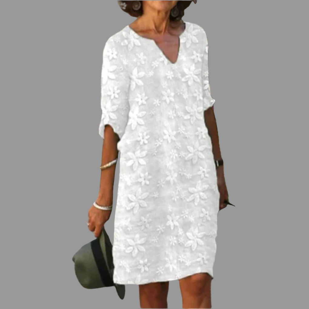 Ladies Elegant Knee Length Dress with Floral Pattern - Vossary
