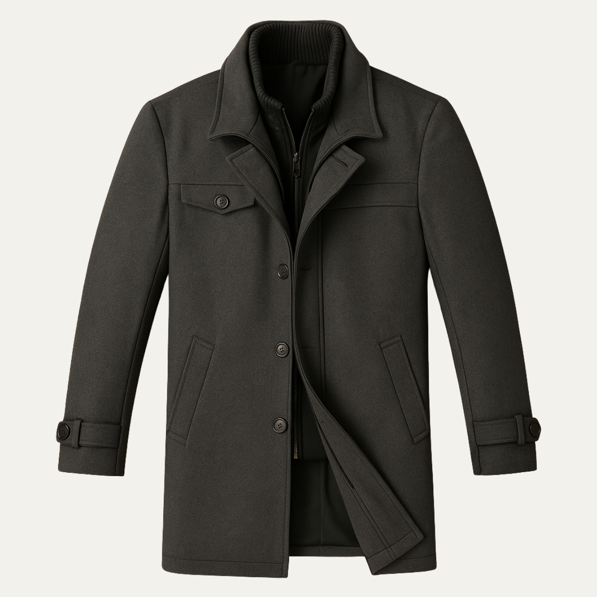 Warm Men's Zip Up Wool Coat with Button Front