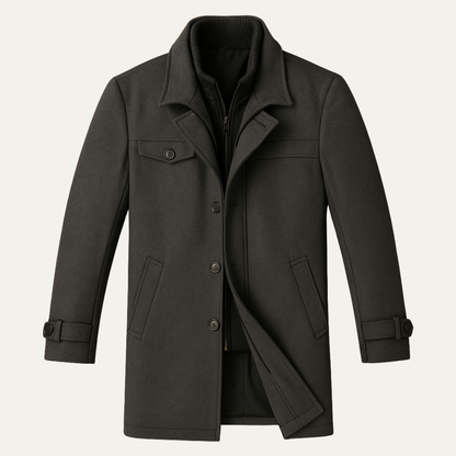 Warm Men's Zip Up Wool Coat with Button Front