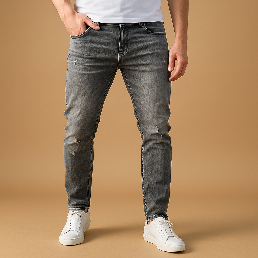 Men’s ripped slim-fit jeans made from durable stretch denim, featuring modern distressed details for a trendy streetwear look.