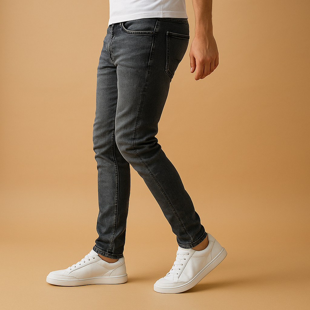 Men’s ripped slim-fit jeans made from durable stretch denim, featuring modern distressed details for a trendy streetwear look.