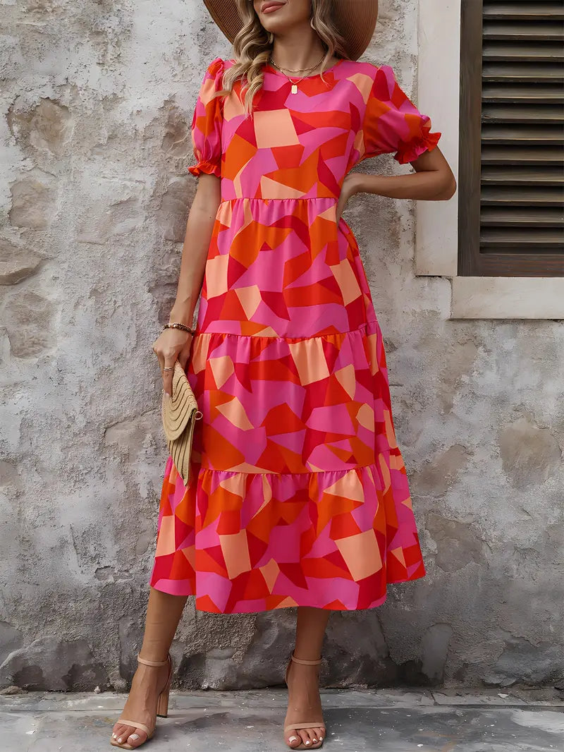 Casual Floral Maxi Dress with Ruffled Sleeves