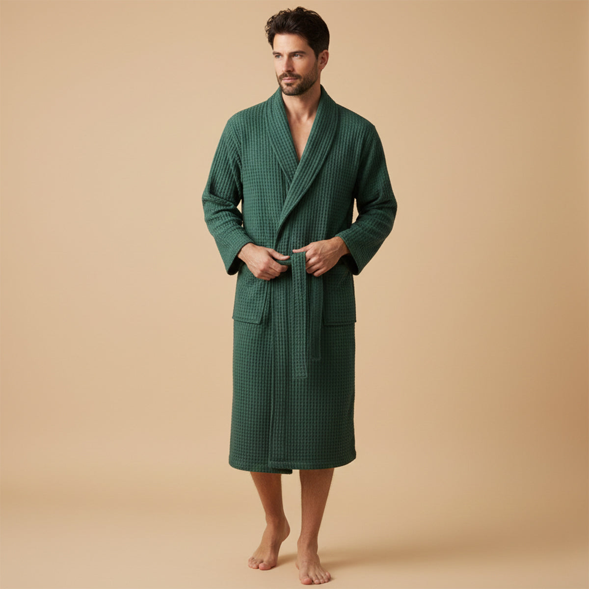 Soft Men's Waffle Weave Bathrobe with Tie Belt