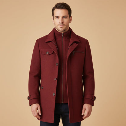 Warm Men's Zip Up Wool Coat with Button Front