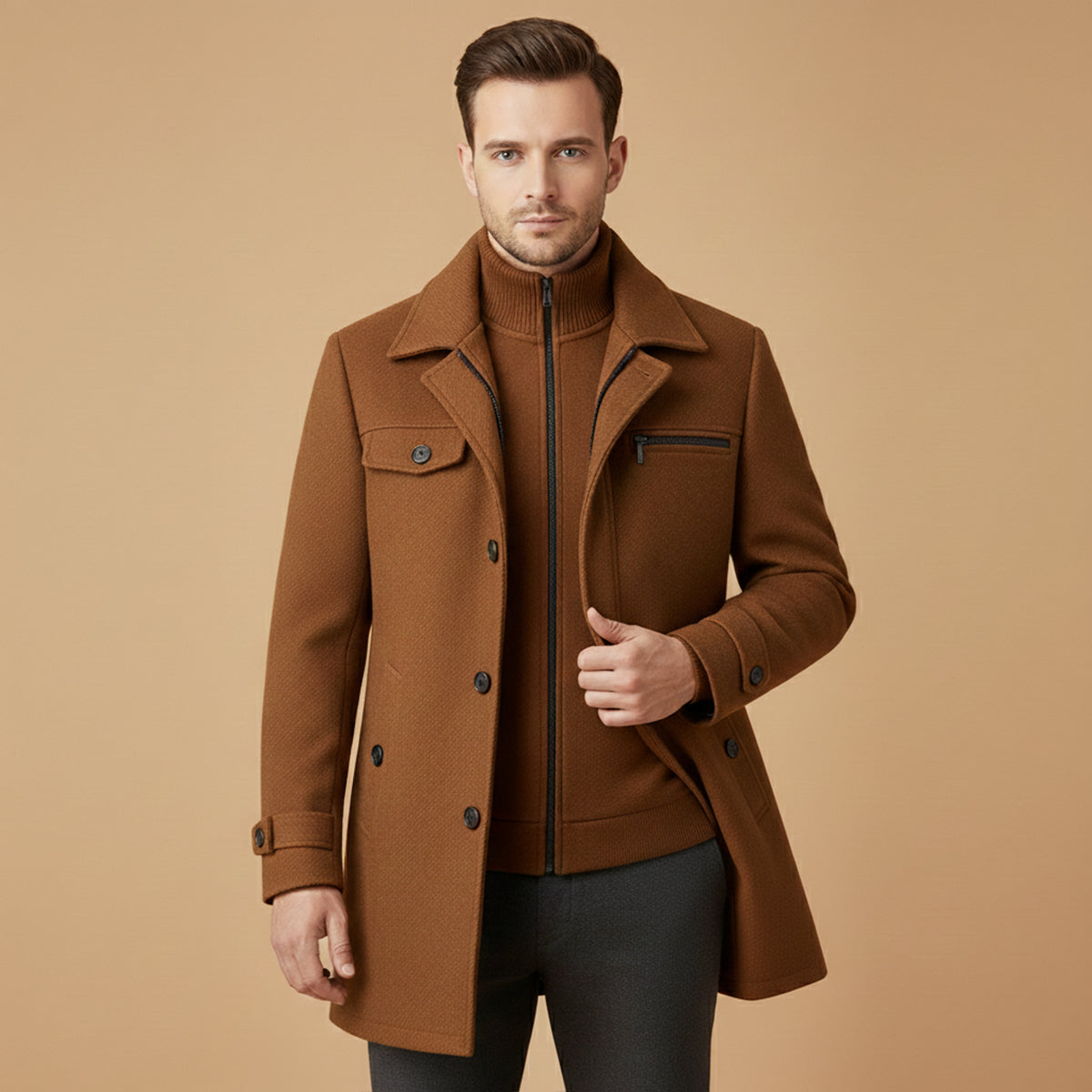 Warm Men's Zip Up Wool Coat with Button Front