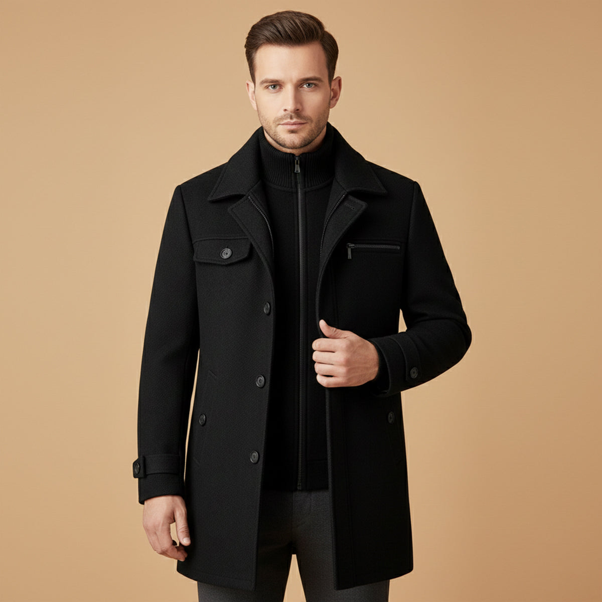 Warm Men's Zip Up Wool Coat with Button Front