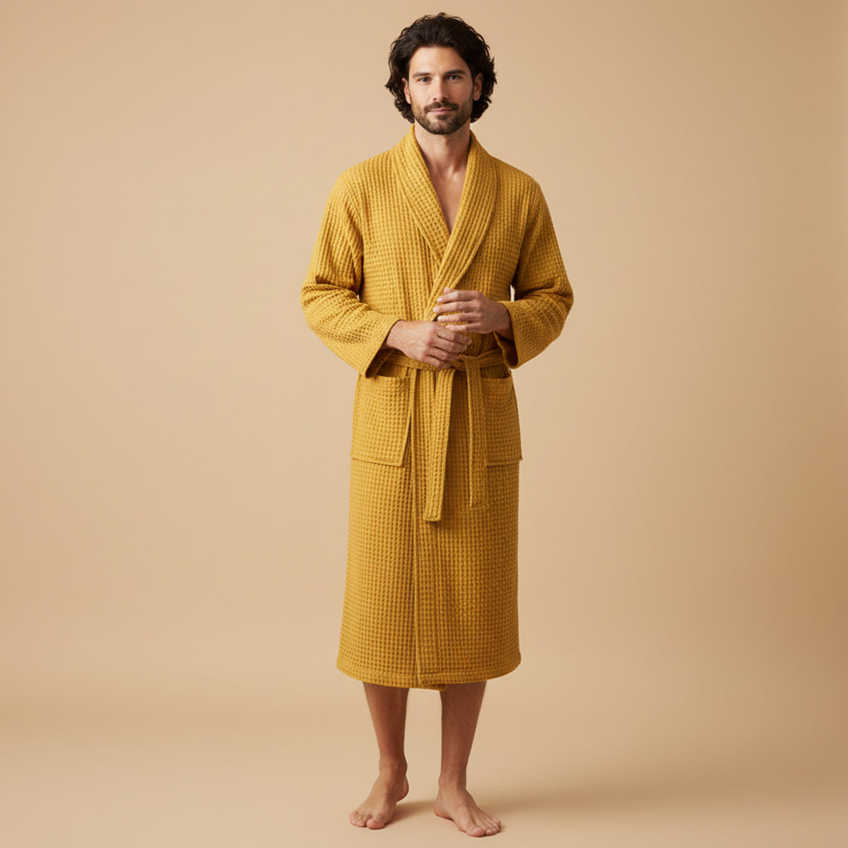 Soft Men's Waffle Weave Bathrobe with Tie Belt