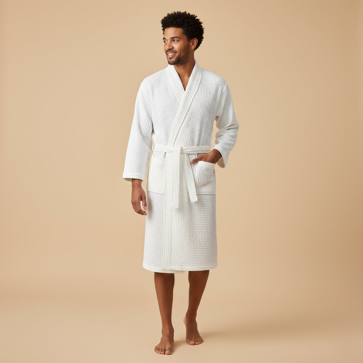 Soft Men's Waffle Weave Bathrobe with Tie Belt