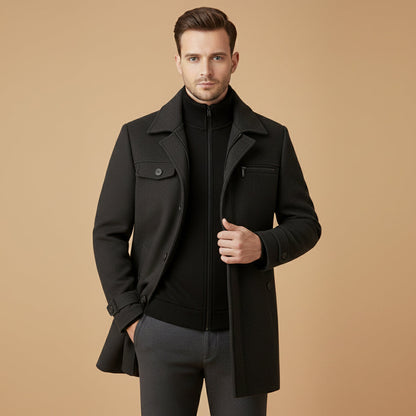 Warm Men's Zip Up Wool Coat with Button Front