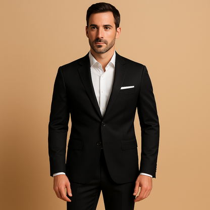 Elegant slim fit suit for men with blazer and trousers, perfect for weddings, business meetings, and formal occasions.