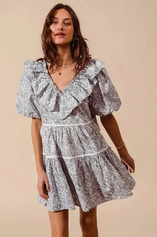 Casual Floral Ruffle Neck Summer Dress with Sash Tie - EasyApparels