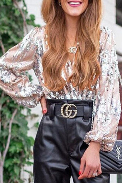 Sparkling & Stylish Women's Glitter V-Neck Long Sleeve Top – Naya-XS-Nora Luxe