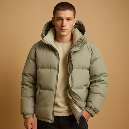 Ethan is a sporty puffer jacket for men with hood and quilted insulation. Lightweight, warm, and stylish. Perfect for daily wear and winter activities. Order now!