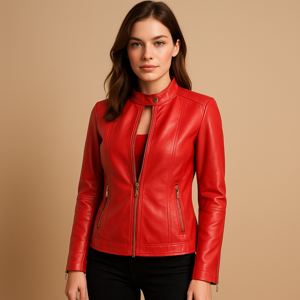 Women’s stylish biker jacket with tailored fit, symmetrical zipper, metal details, and zip pockets, suitable for casual and evening wear.