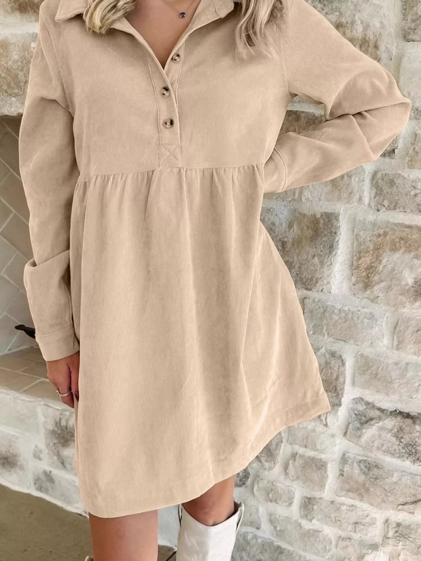 Textured Button Down Collar Mini Dress - EasyApparels