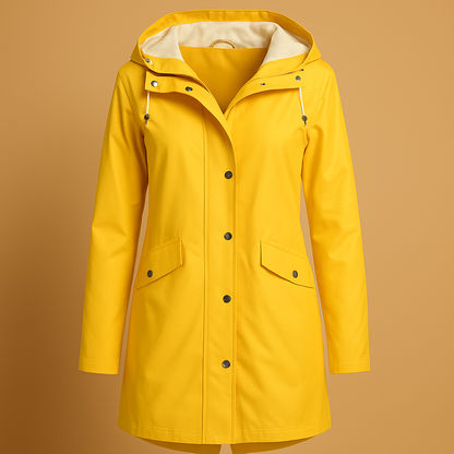 Women’s transparent rain jacket with a relaxed lightweight fit and adjustable hood, suitable for rainy days, everyday wear, and seasonal layering.
