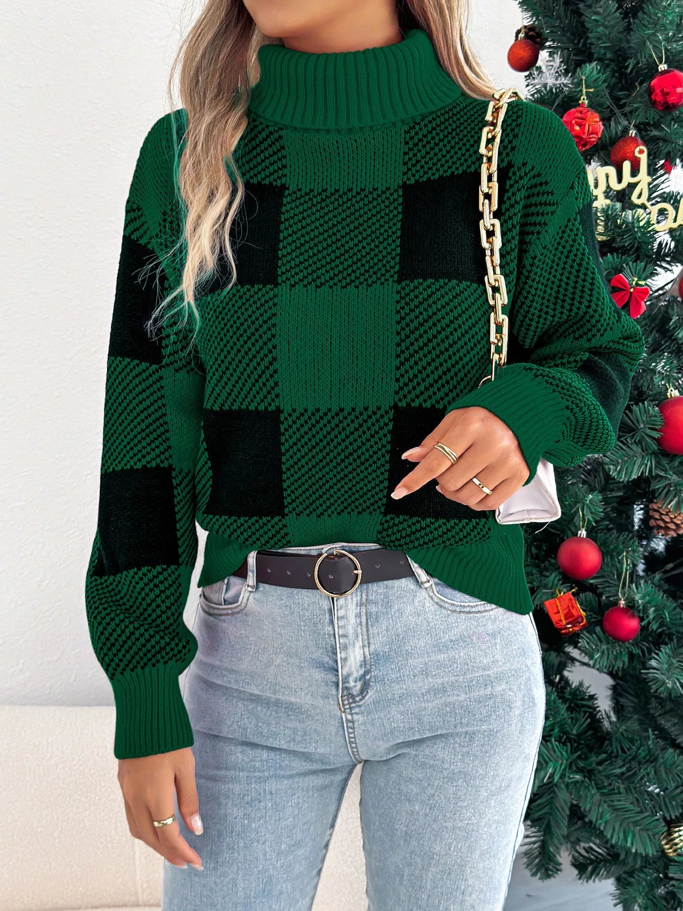 Festive Red Plaid Crew Neck Winter Sweater - EasyApparels