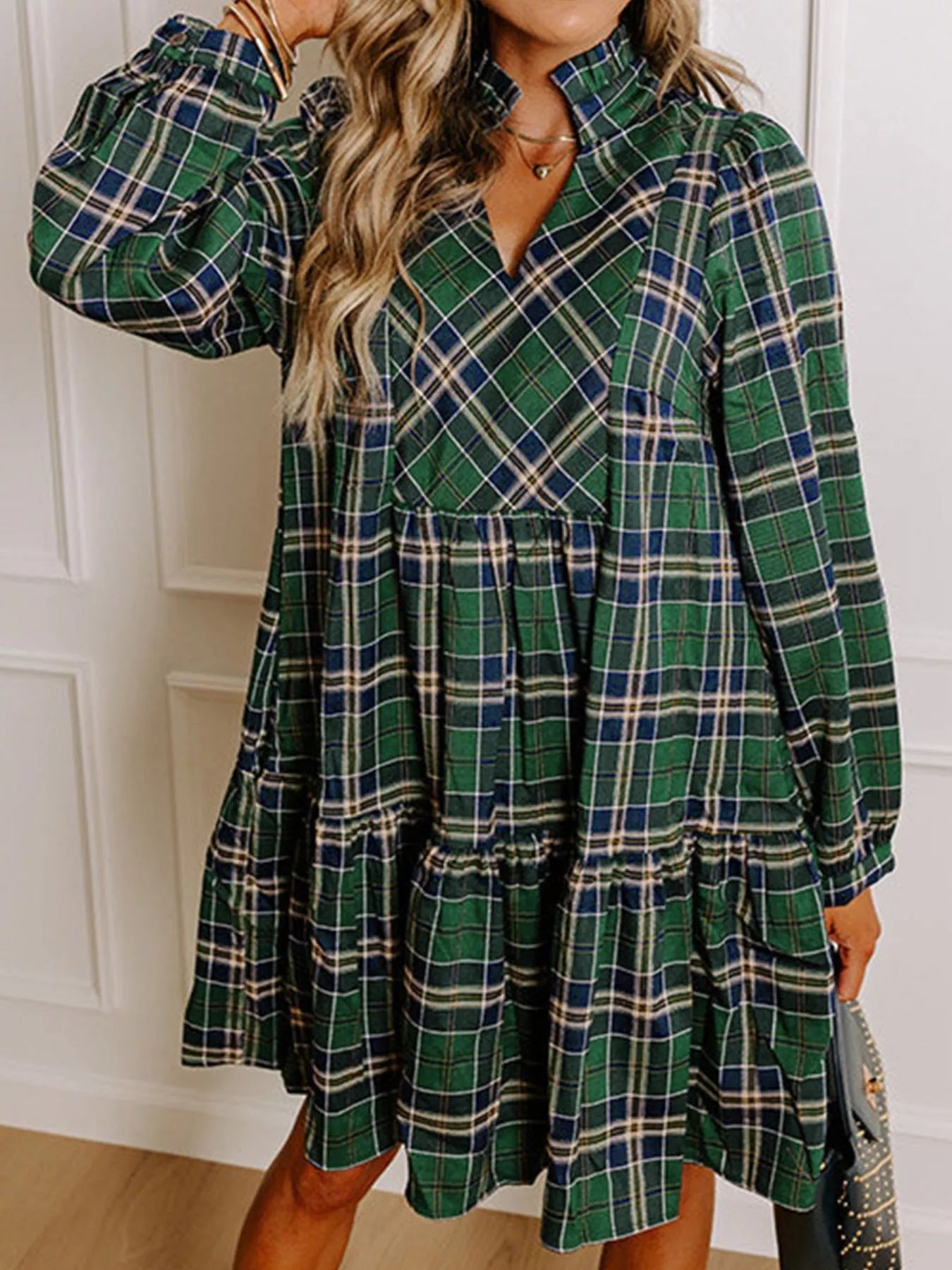 Checks Ruffled Neck Winter Mini Dress - EasyApparels