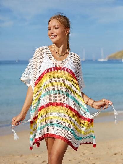 Boho Chic Striped Beach Cover-Up with Fringe - EasyApparels