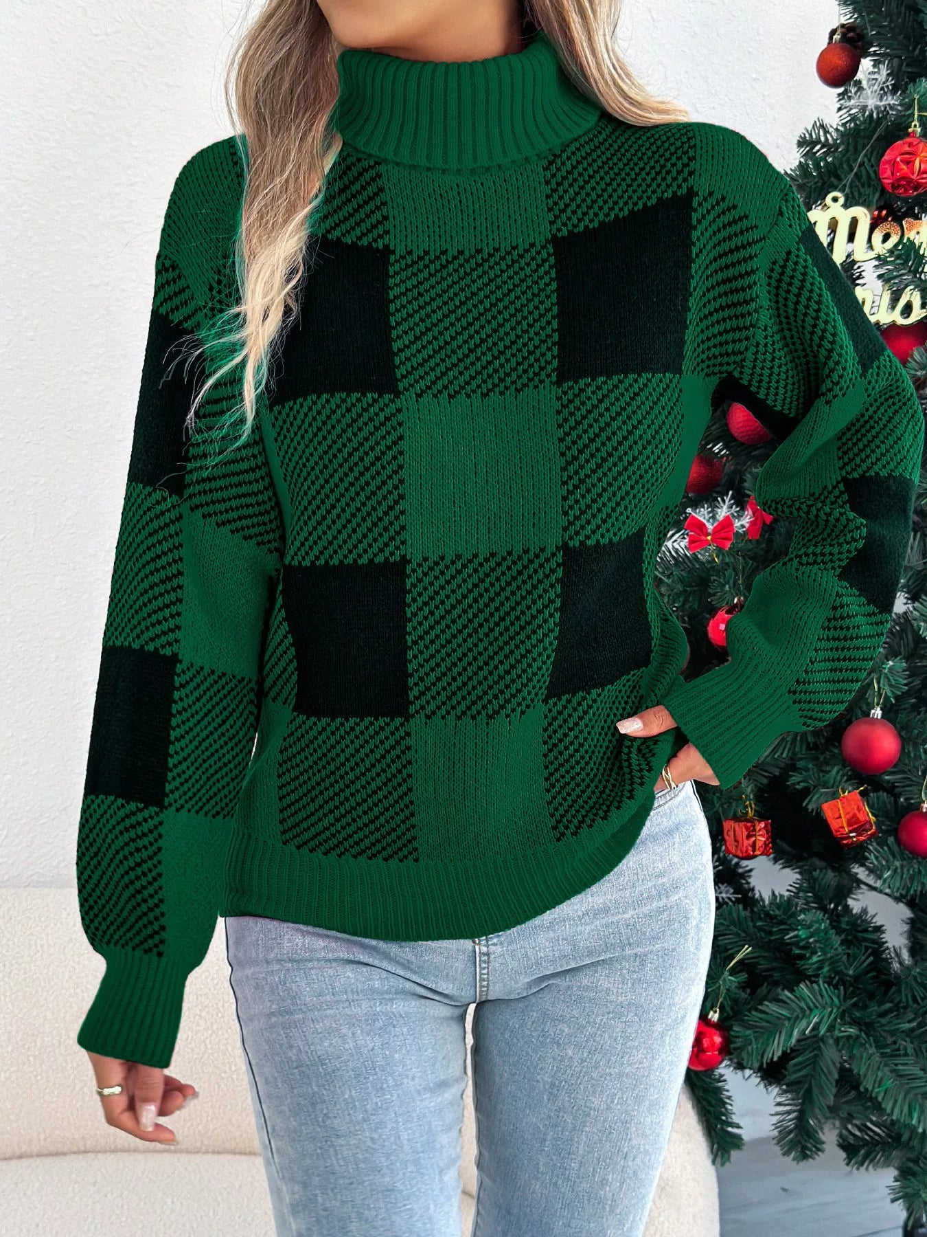Festive Red Plaid Crew Neck Winter Sweater