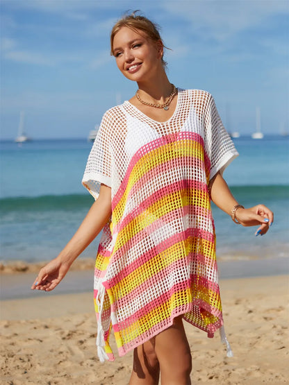 Boho Chic Striped Beach Cover-Up with Fringe