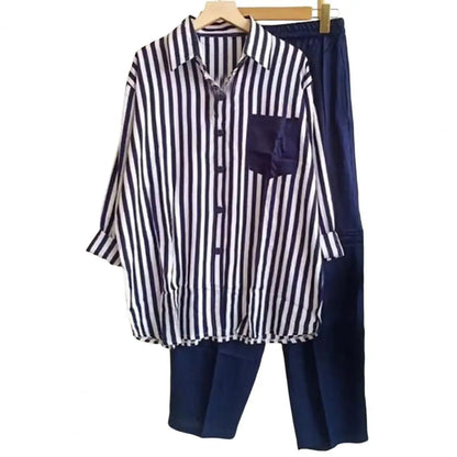 Two-piece summer set made of linen Loose shirt & Wide trousers - Zayenne-Blue-S-Nora Luxe