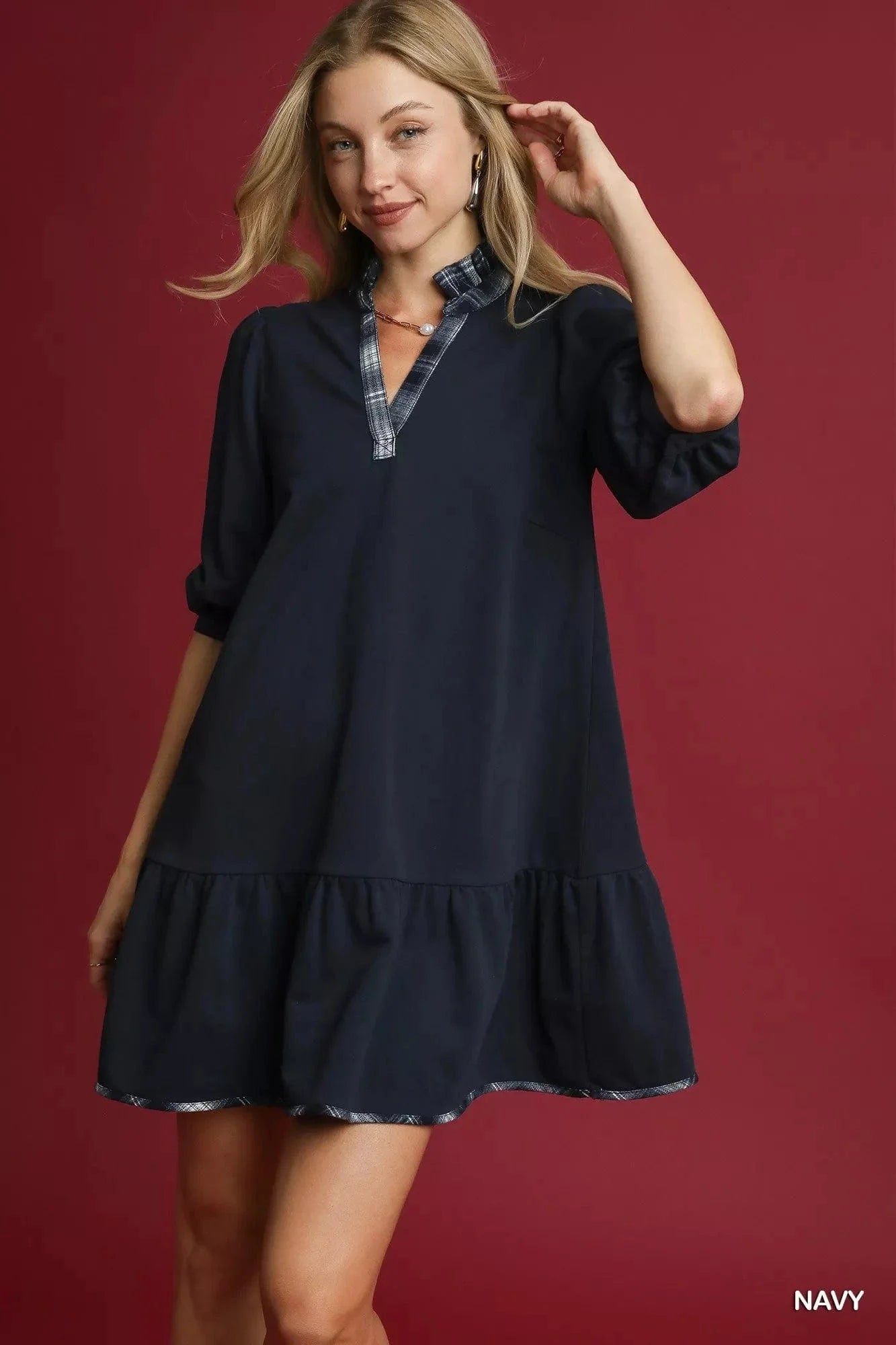 Cozy Plaid Trimmed Ruffle Edge Dress - EasyApparels