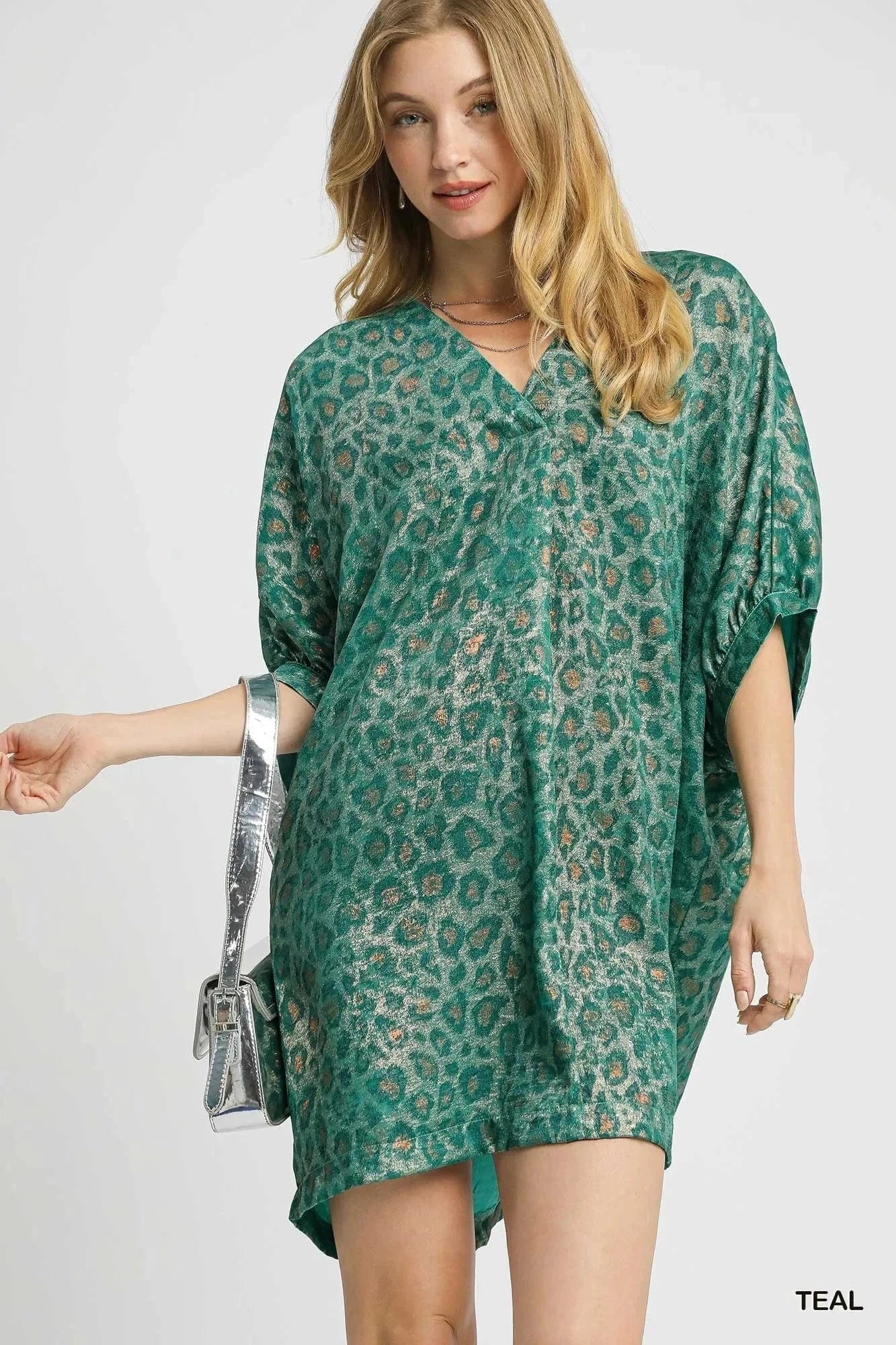 Shiny Animal Print V Neck Kimono Dress - EasyApparels