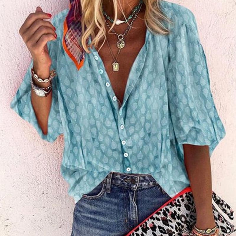 Loose Fit V Neck Women's Blouse with Short Sleeves - EasyApparels