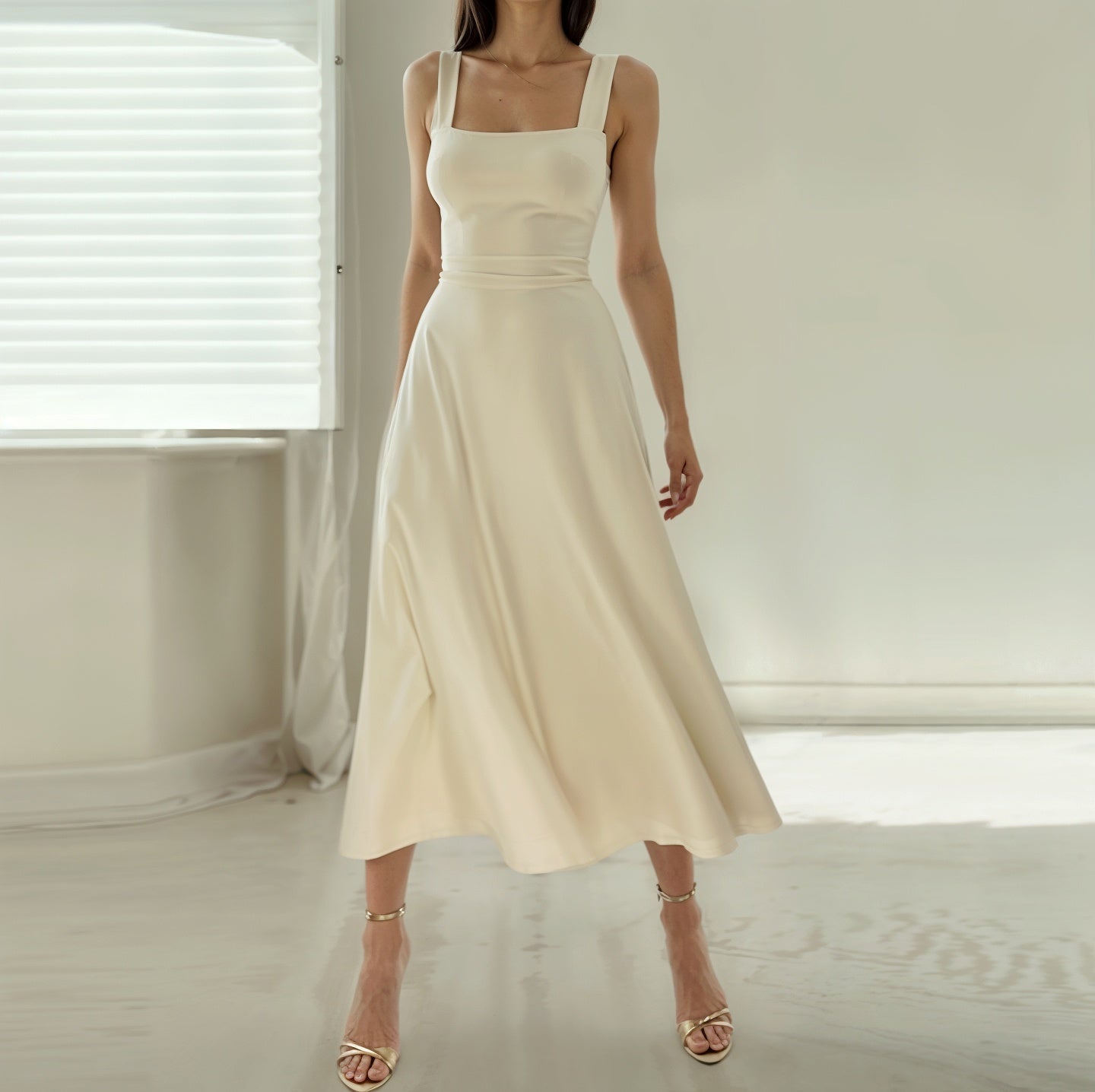 Elegant Ladies Midi Dress with Flared Hem - EasyApparels