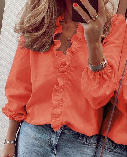 Floral V-Neck Ruffled Women's Blouse