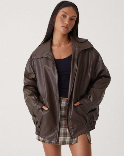 Casual Women's Leather Jacket with High Collar - EasyApparels