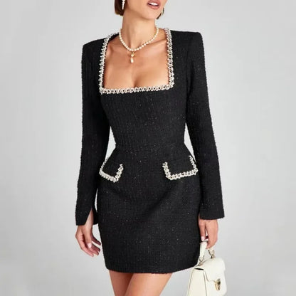 Elegant Mini Party Dress with Long Sleeves and Square Neck