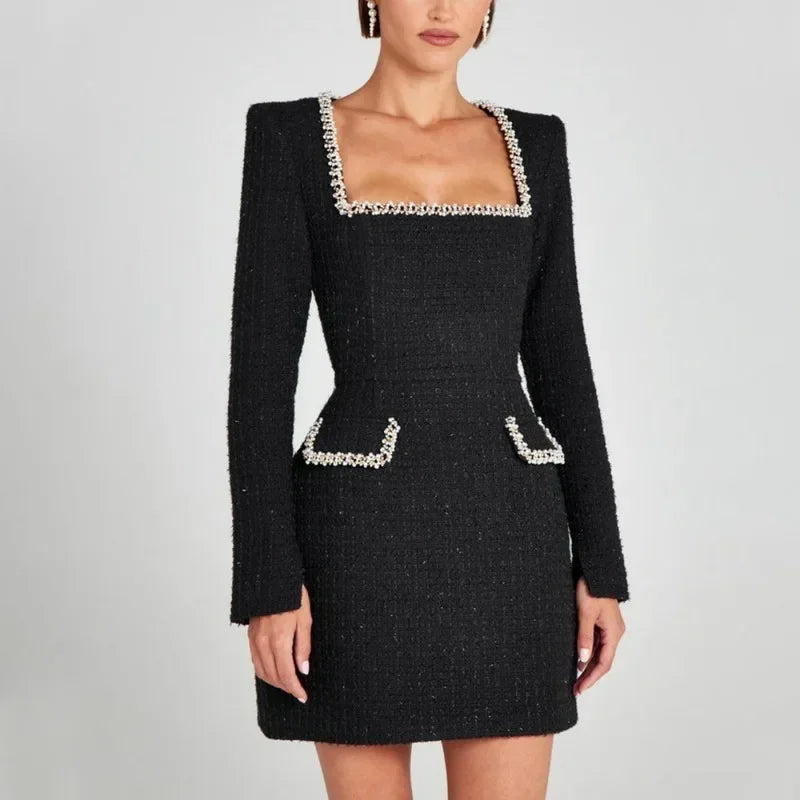 Elegant Mini Party Dress with Long Sleeves and Square Neck - Vossary