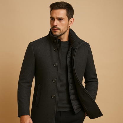 Elegant wool blend coat for men with mandarin collar and single-breasted fit, perfect for formal or everyday winter wear.